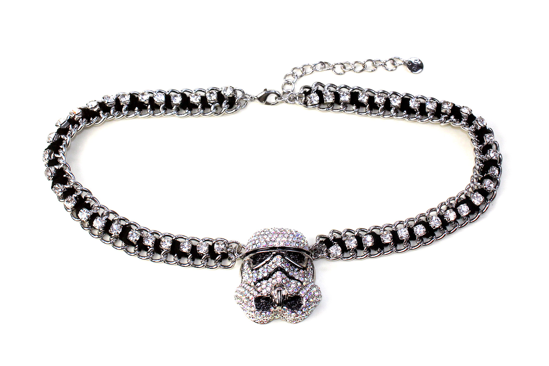 Stormtrooper pave’ silvertone velvet ribbon link necklace by SG@NYC