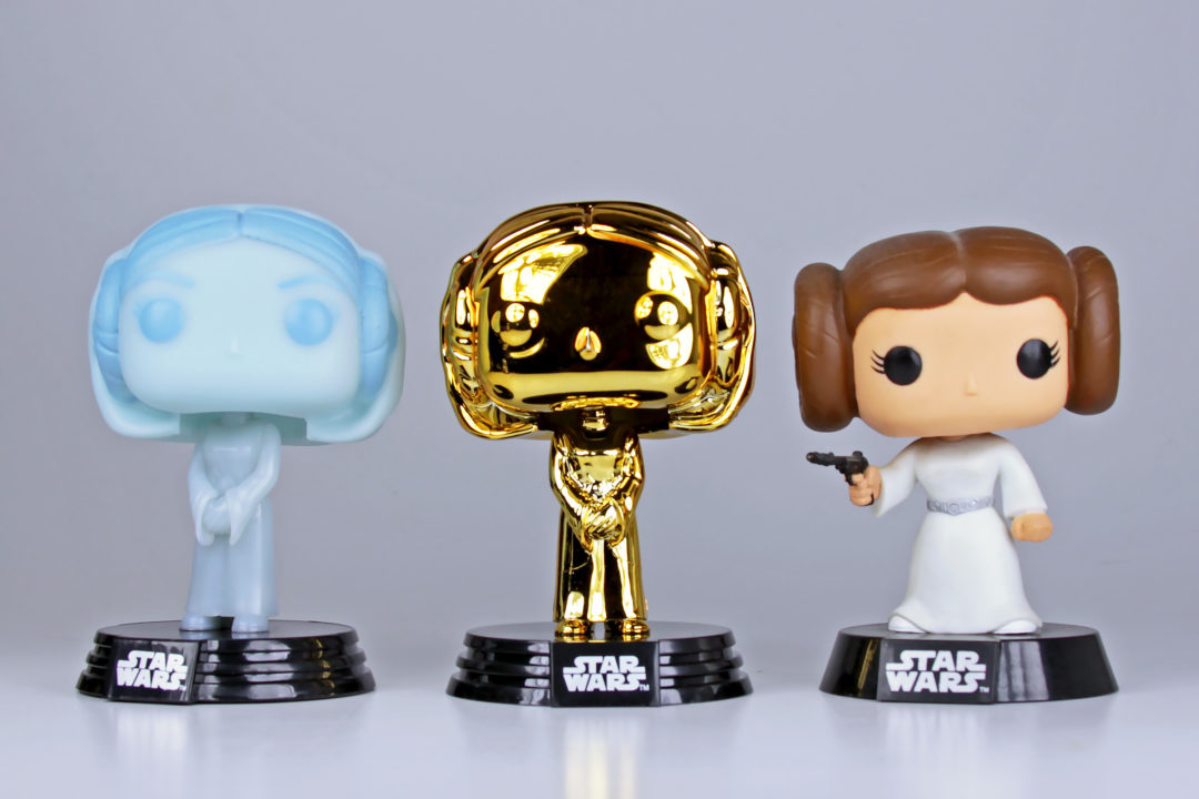 Funko Pop! Vinyl Princess Leias - hologram (from 2-pack), gold convention exclusive (Celebration Chicago 2019), and classic.