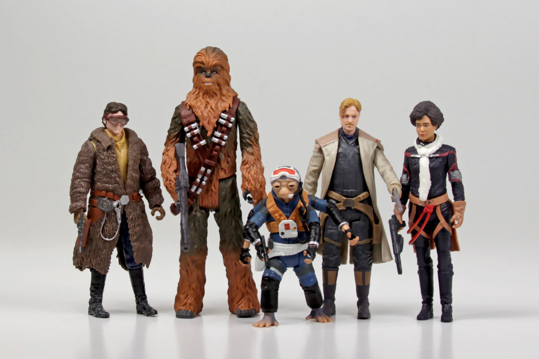 Han Solo, Chewbacca, Rio Durant, Tobias Beckett, and Val action figures
